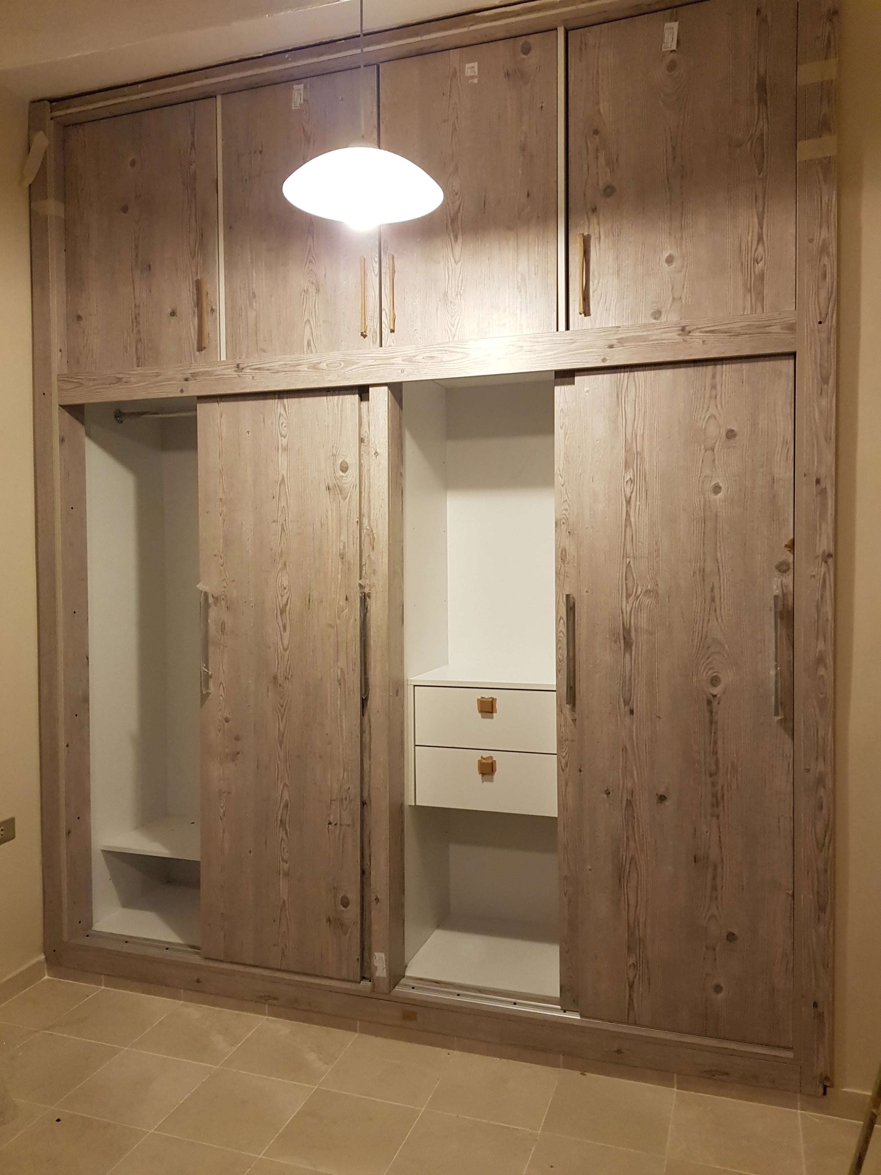 RusticSlide Wardrobe – Reclaimed Wood Sliding Wardrobe with Overhead Cabinets & Internal Drawers | Lebanon