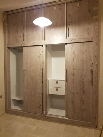 RusticSlide Wardrobe – Reclaimed Wood Sliding Wardrobe with Overhead Cabinets & Internal Drawers | Lebanon