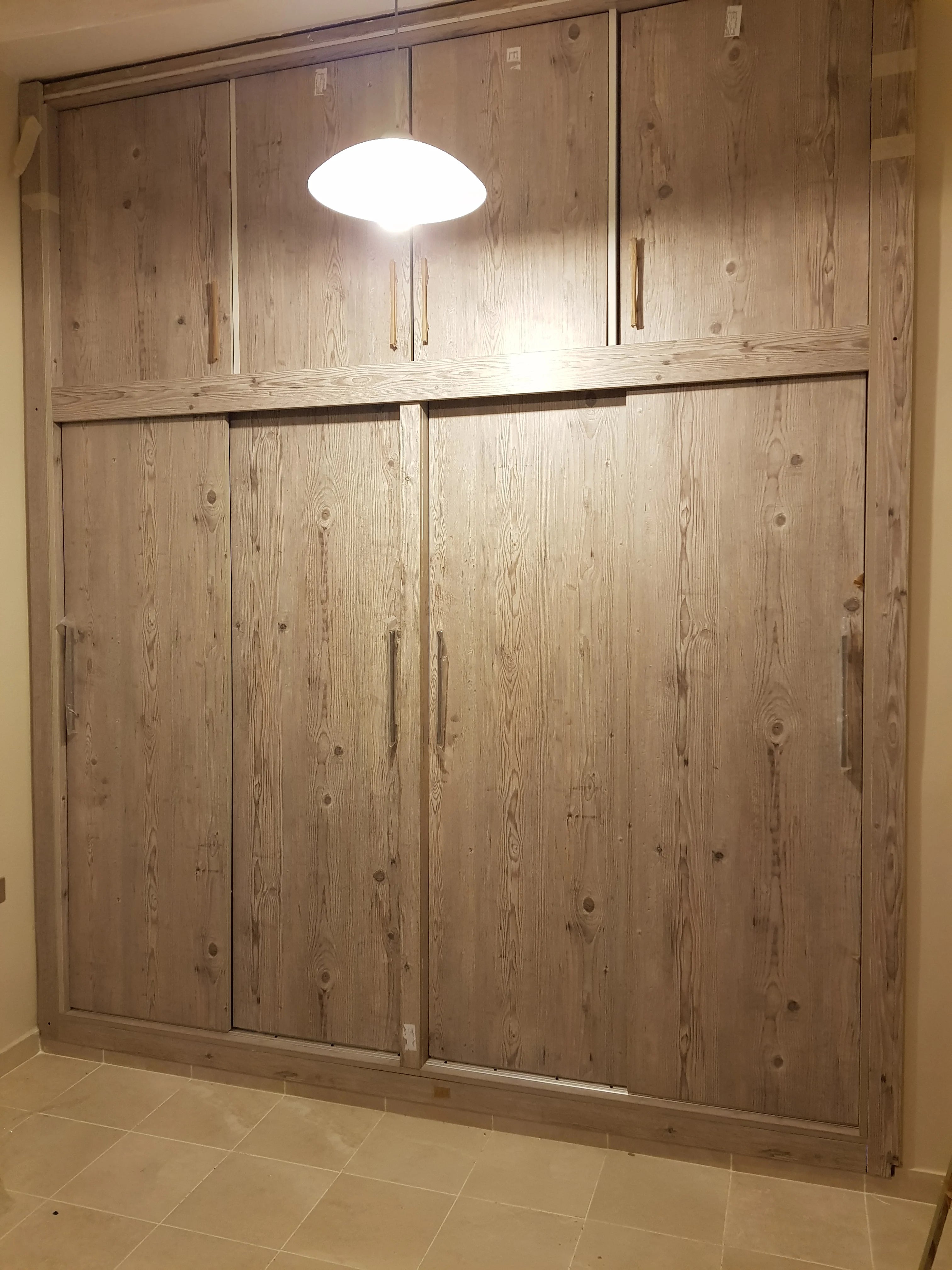 RusticSlide Wardrobe – Reclaimed Wood Sliding Wardrobe with Overhead Cabinets & Internal Drawers | Lebanon