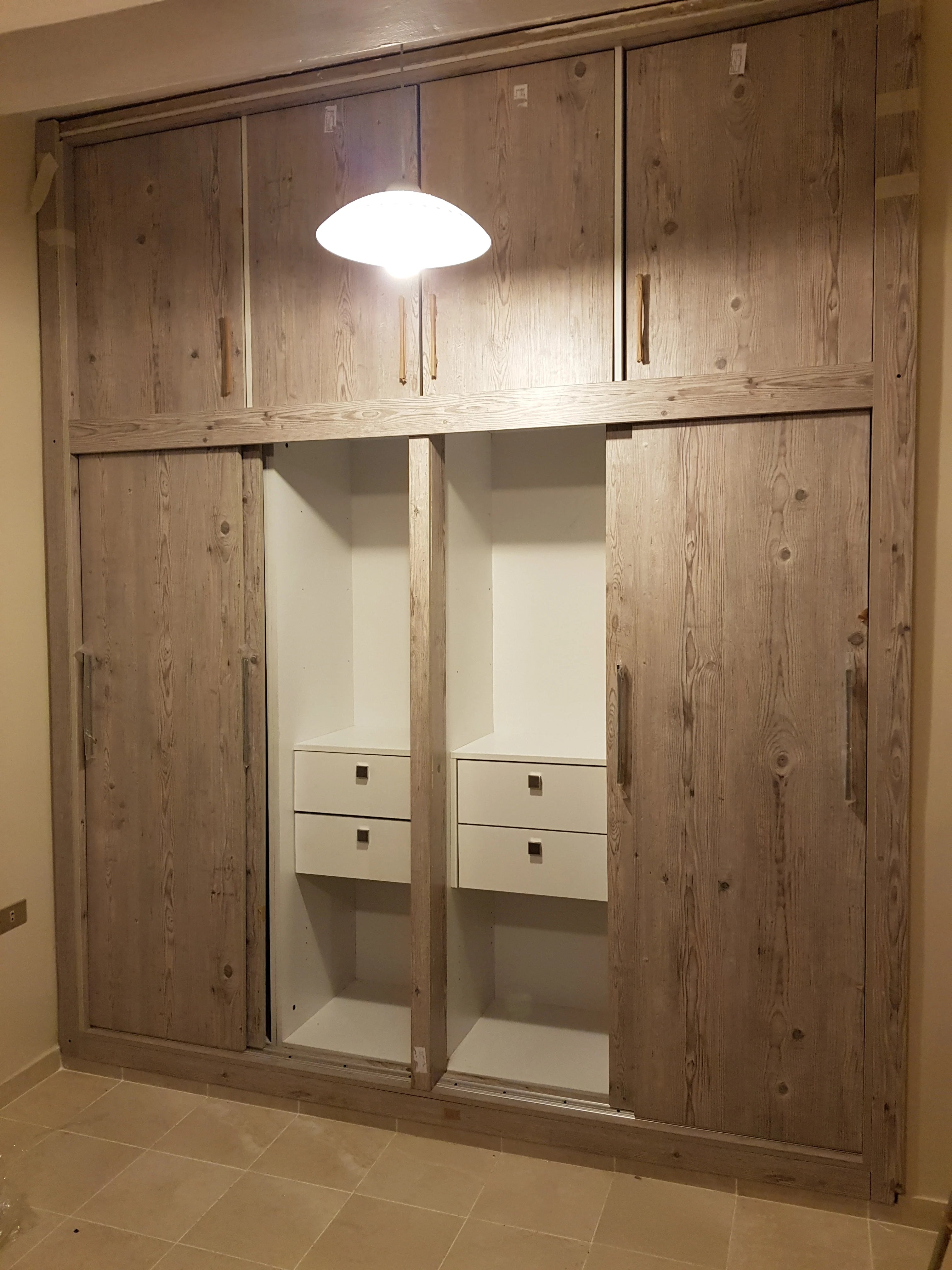 RusticSlide Wardrobe – Reclaimed Wood Sliding Wardrobe with Overhead Cabinets & Internal Drawers | Lebanon
