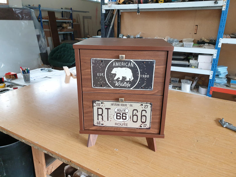 Route66 Vintage Nightstand – 2-Drawer Mid-Century Bedside Table with Decorative Panels | Lebanon
