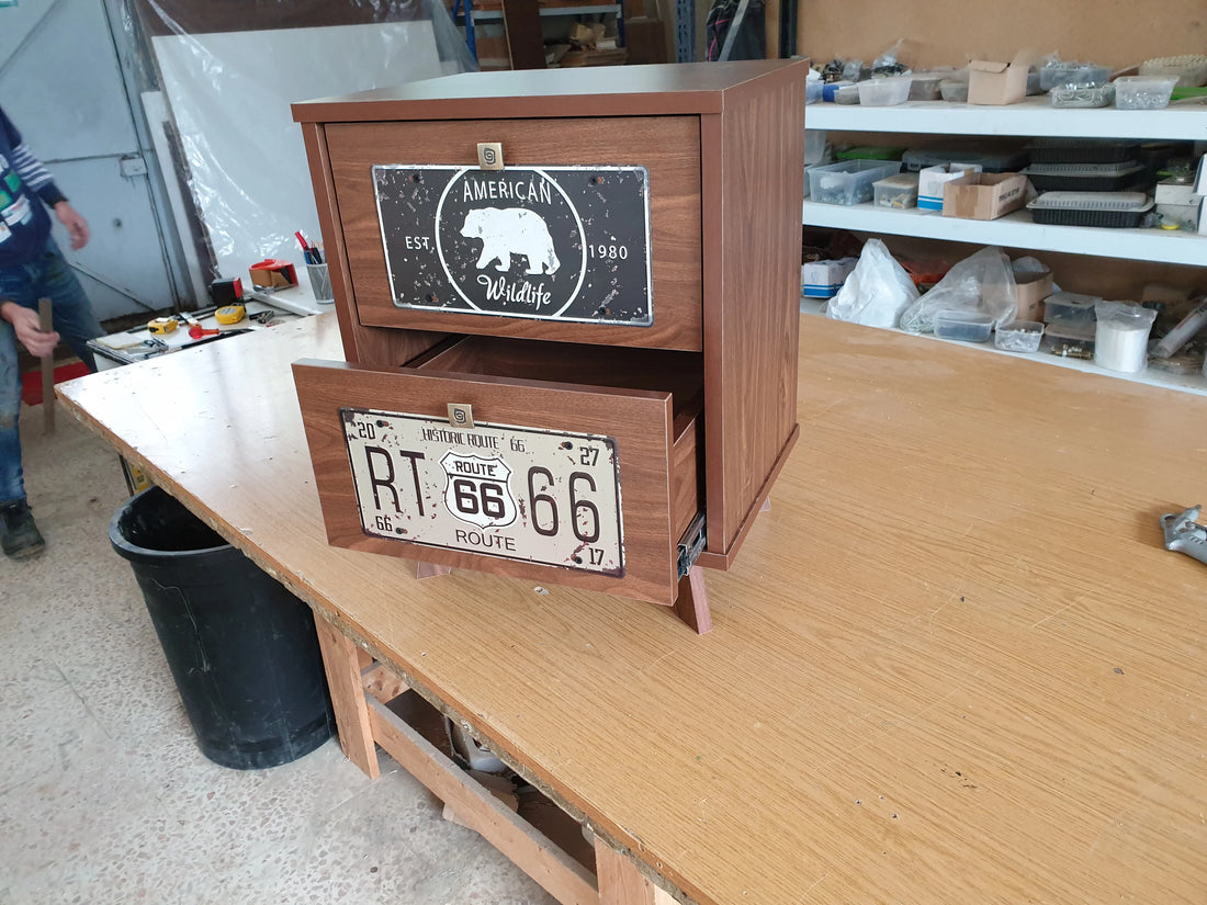 Route66 Vintage Nightstand – 2-Drawer Mid-Century Bedside Table with Decorative Panels | Lebanon