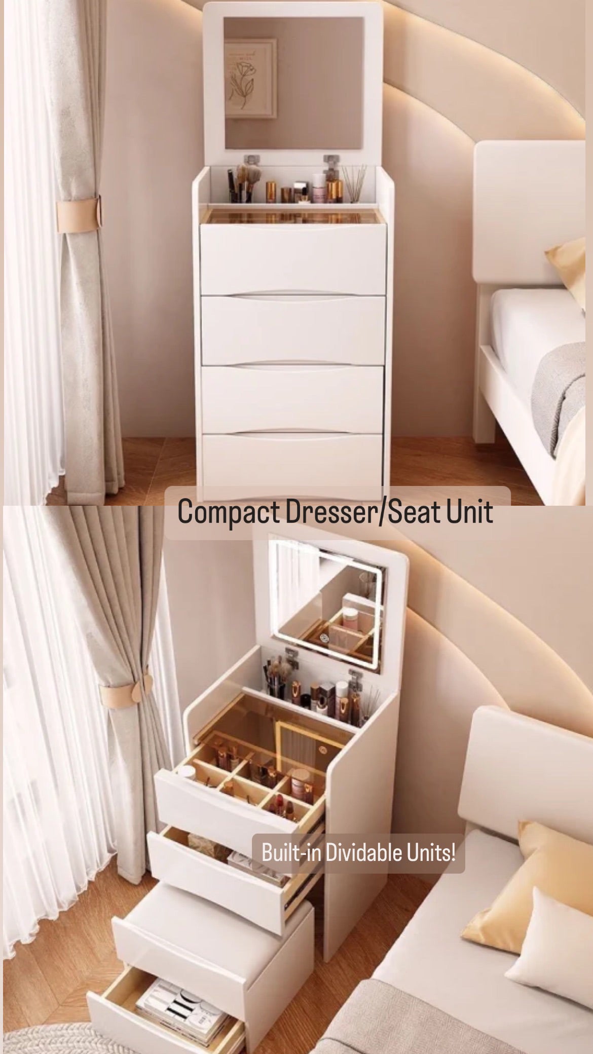 Compact 2-in-1 Dresser & Vanity Seat – Mirror with Storage Dividers & Pull-Out Seat | Lebanon