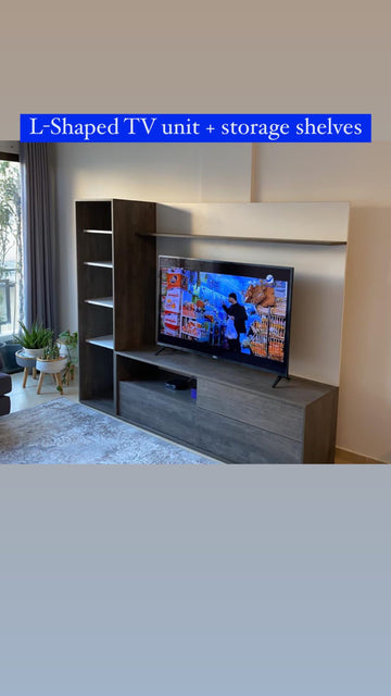 CornerLine L-Shaped TV Unit – Media Console with Tall Storage Shelves | Lebanon