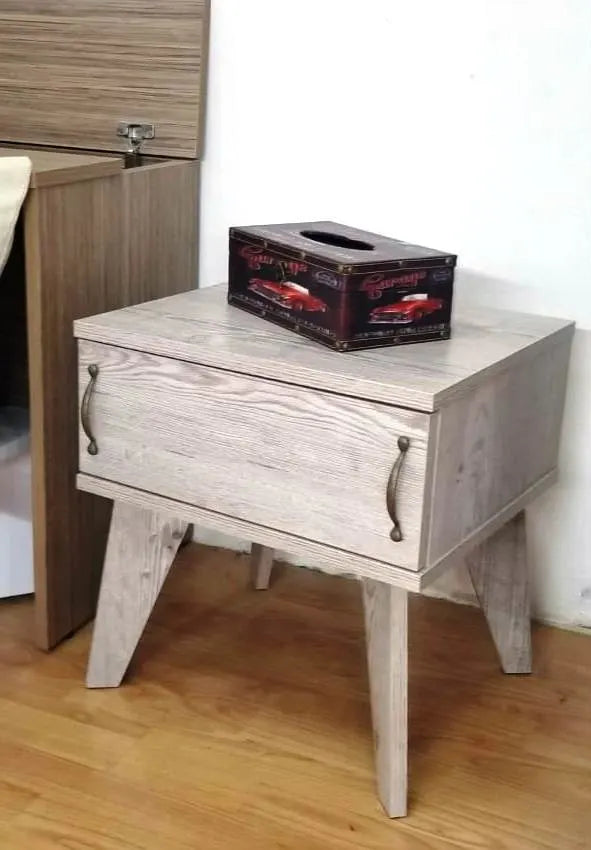 VintageOak Angled Leg Bedside Table – Whitewash Pine Single Drawer | Mid-Century Style | Lebanon