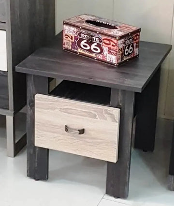 DuoTone Bedside Table – Two-Tone Dark Grey & Light Wood with Drawer & Open Shelf | Lebanon