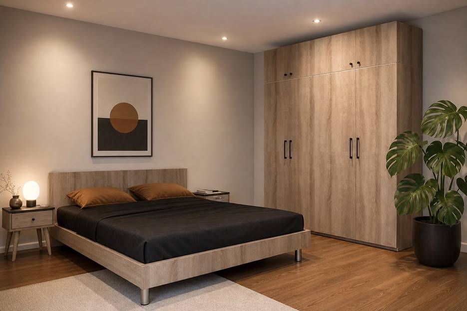 Bed, Night stands, Wardrobe