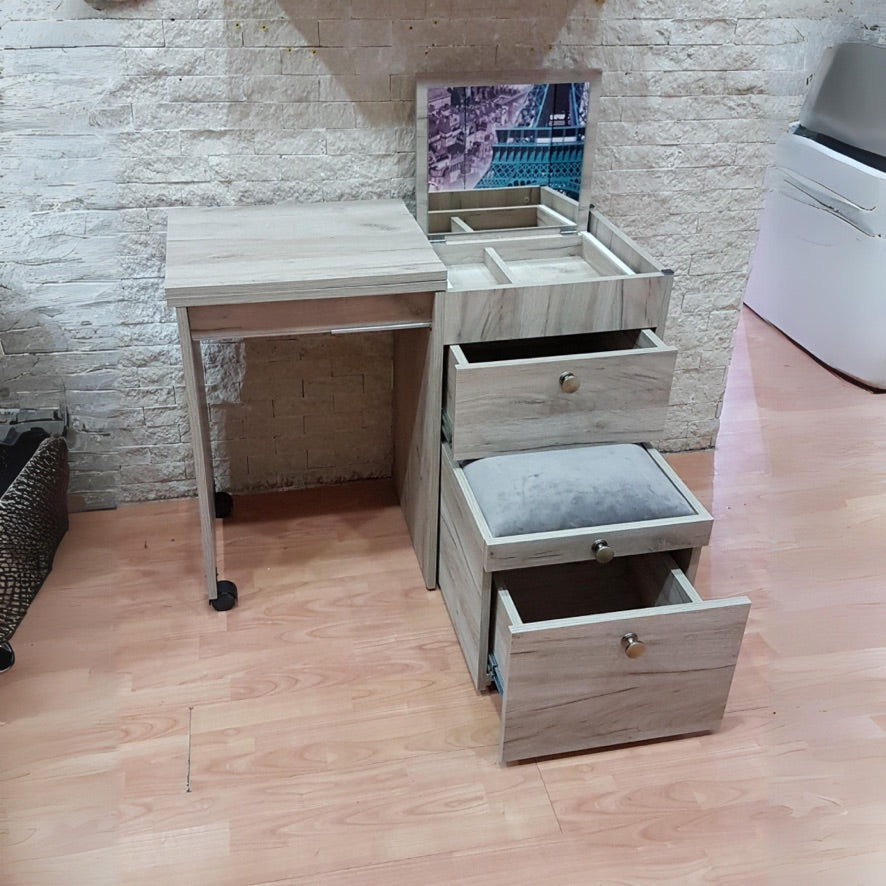 Compact 3-in-1 Dresser, Desk & Vanity Seat – Mirror with Storage, Pull-Out Desk & Drawers | Lebanon